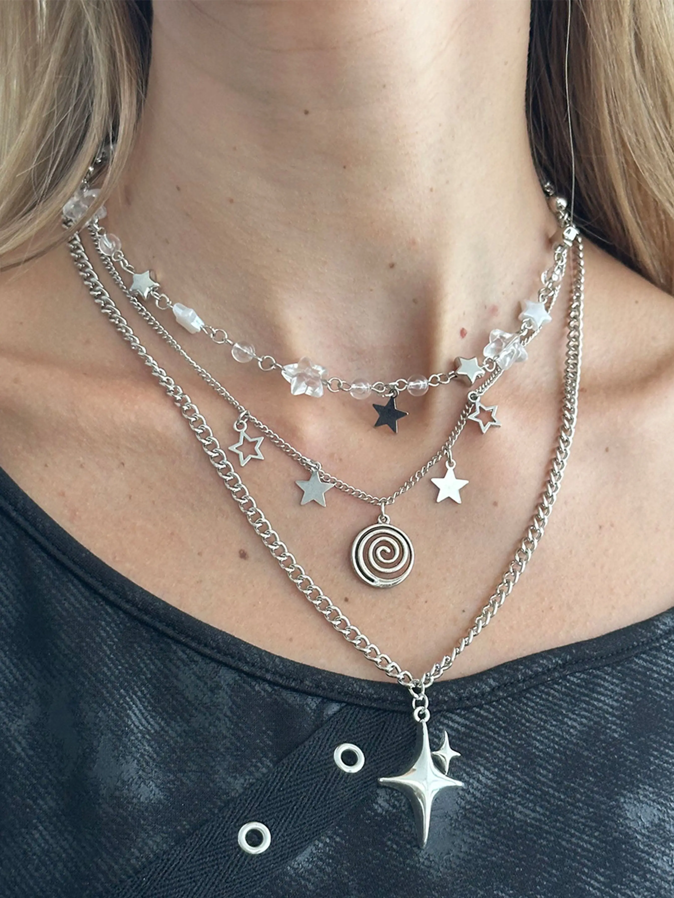 3Pcs Retro Y2K Style Starburst Spiral Pendant Layered Necklace Set, Unique Women's Jewelry for Parties, Gatherings, and Vacations