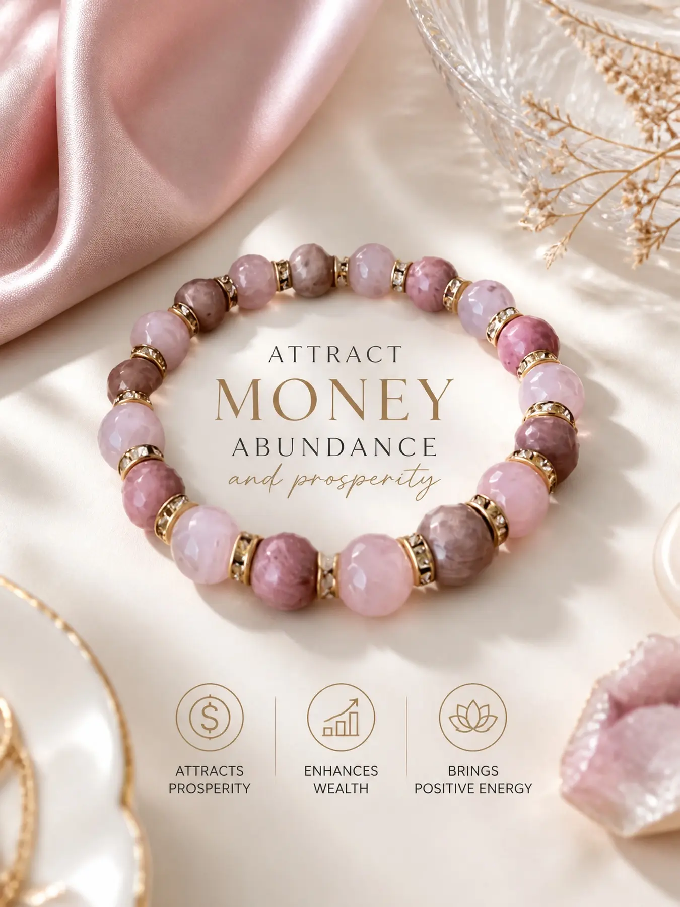 Natural Pink Gemstone Bracelet for Women | Rose Quartz Beaded Stretch Bracelet | Handmade Crystal Jewelry