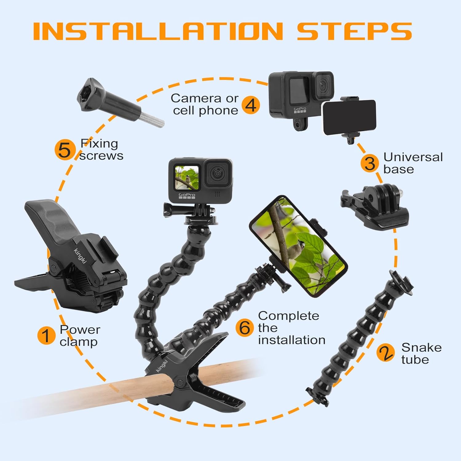 Flexible Shark Clamp Heavy-Duty Mount for Smartphones & Action Cameras, Versatile Gooseneck Grip Stand with Adjustable Base