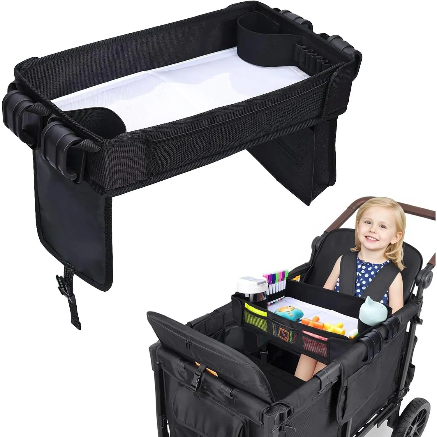 Foldable Tray for Wonderfold Wagon W2 Series, Upgraded Kids Snack & Activity Tray with Drawing Surface, Cup Holder & Mesh Pockets (Universal W2 Accessories)