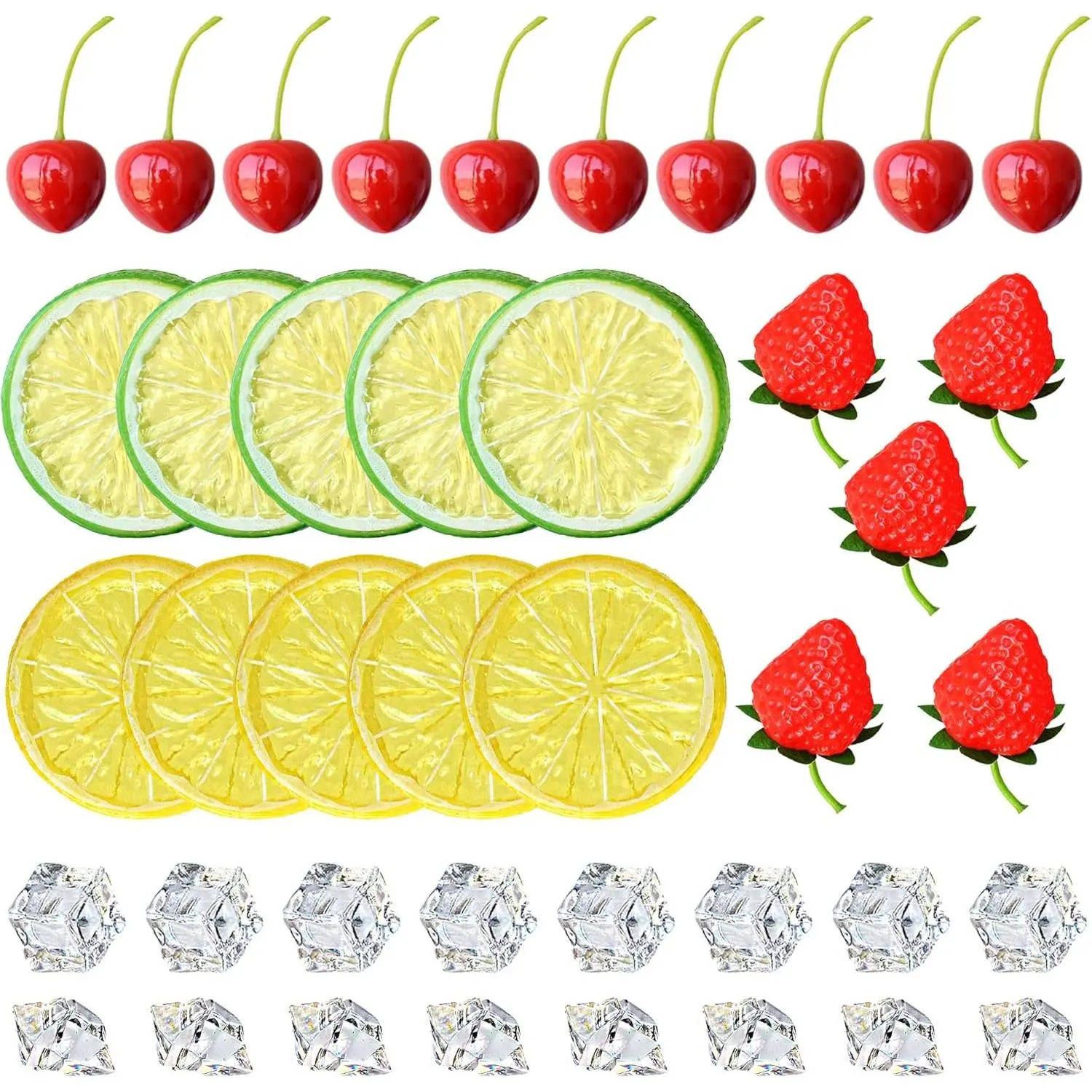 70 Pcs Fake Fruits Ice Cube Set, Includes 10 Artificial Lemon Slices, 10 Simulation Cherries, 5 Fake Strawberries, 45 Fake Crushed Ice & Ice Cubes for Home Kitchen Decoration