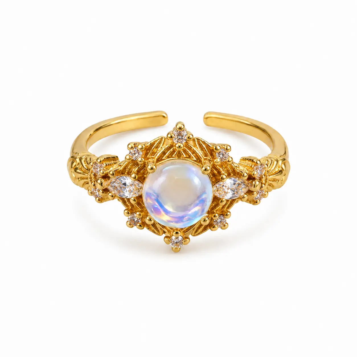 Gold Plated Synthetic Moonstone Adjustable Ring for Women, Dainty Vintage-Inspired Open Band Ring with Sparkling Accent Stones