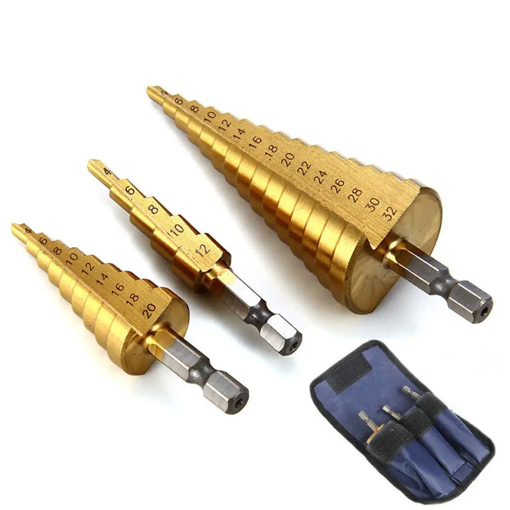 3pcs Step Drill Bit, Titanium Coated Hex Shank Metric Drill Bits Set 4-12mm, 4-20mm, 4-32mm, Step Bits  Wood, Plastic, Aluminum, Sheet Metal Cutter
