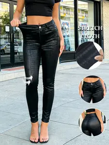 Gilipur Women's Crocodile Texture Fake Leather Tight Jeans, High Waist Belly Control Coated Denim, Night Club Dance