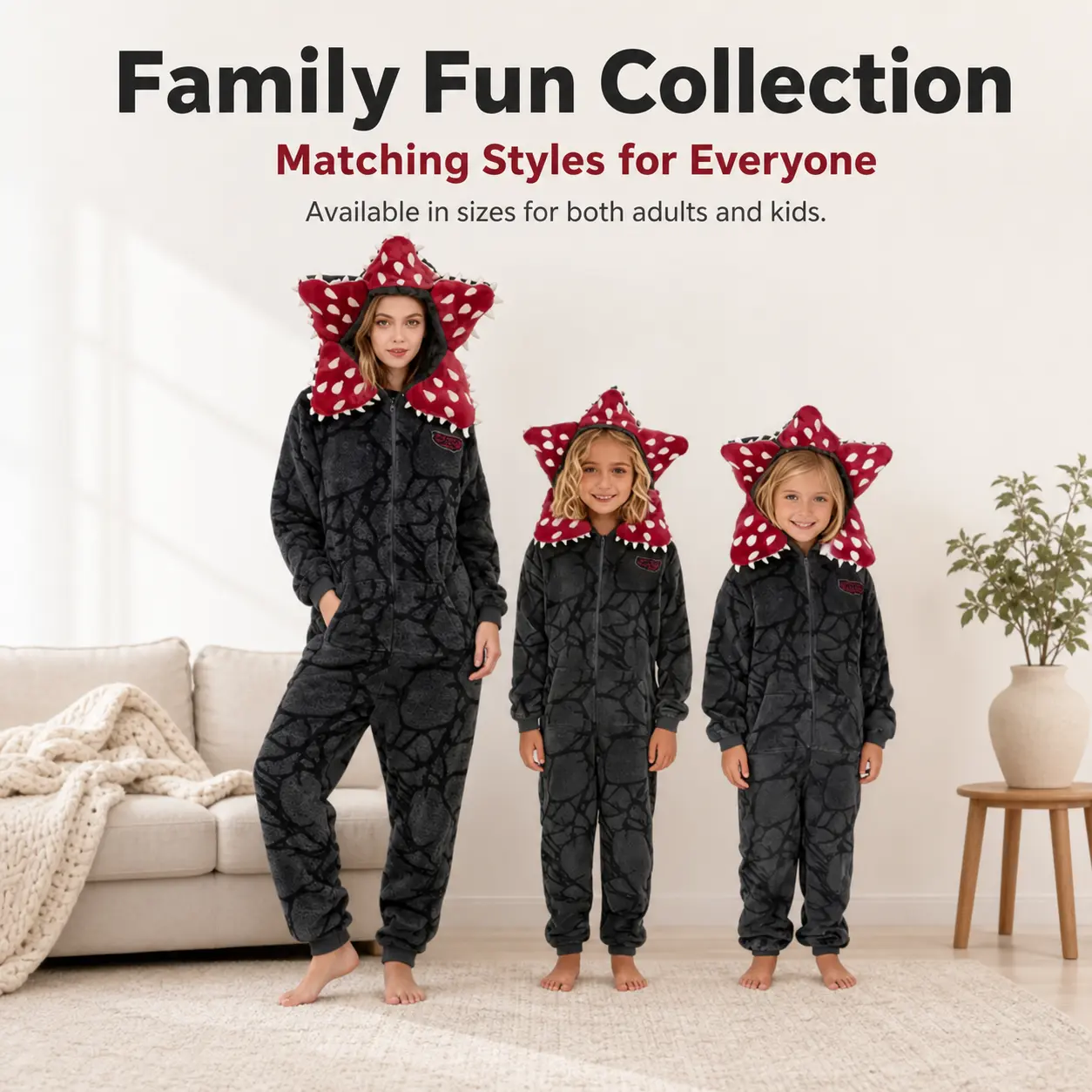 Kids' Demogorgon Flower Flannel Onesie Pajamas - Cracked Texture, Hooded, Full-Zip 1-Piece Halloween Monster Cosplay Costume Loungewear christmas party
