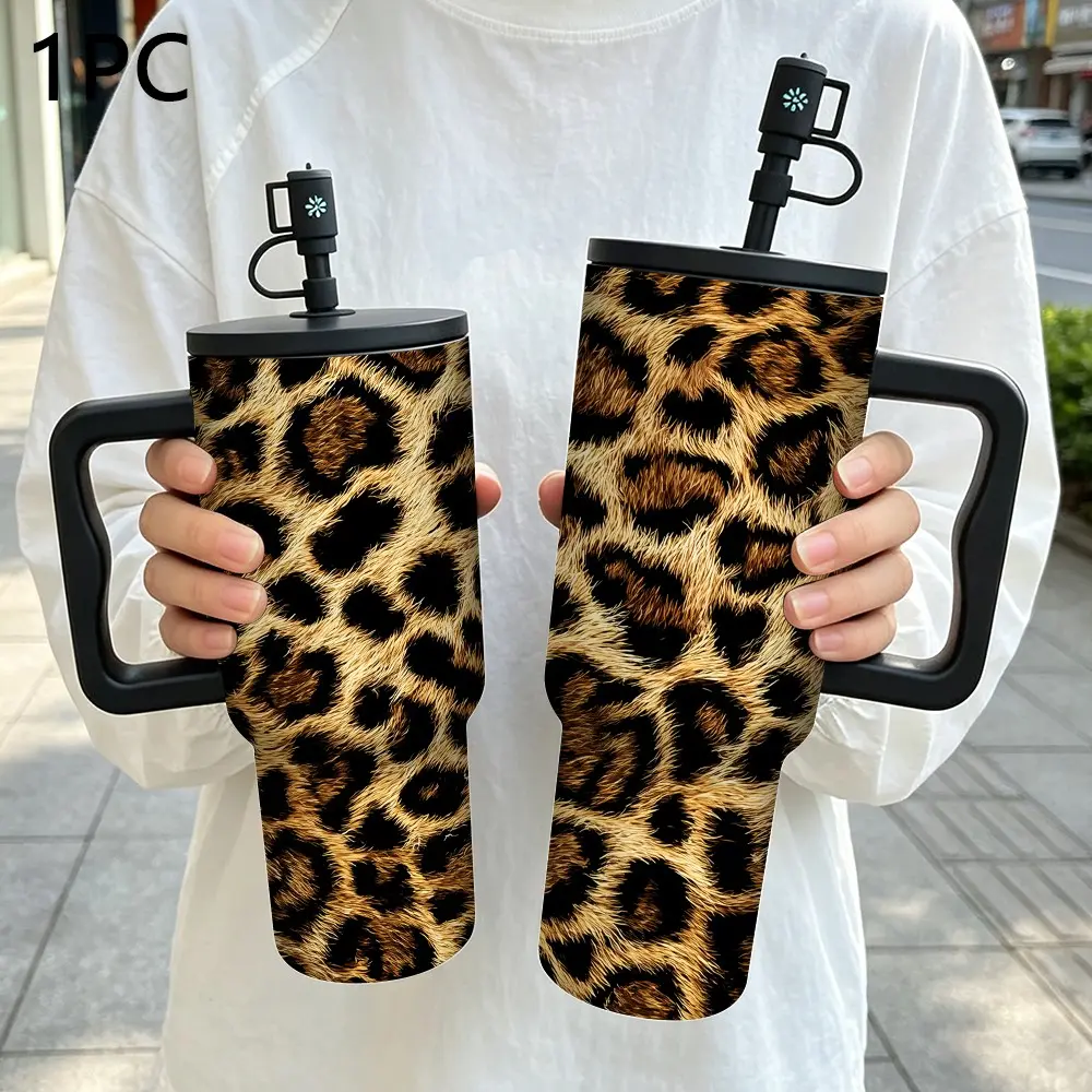 Vintage Leopard Print Insulated Cup, Insulated Coffee Tumbler, Large Capacity Stainless Steel Vacuum Flask, 30oz 40oz, Car Straw Ice Bucket, 1 Piece