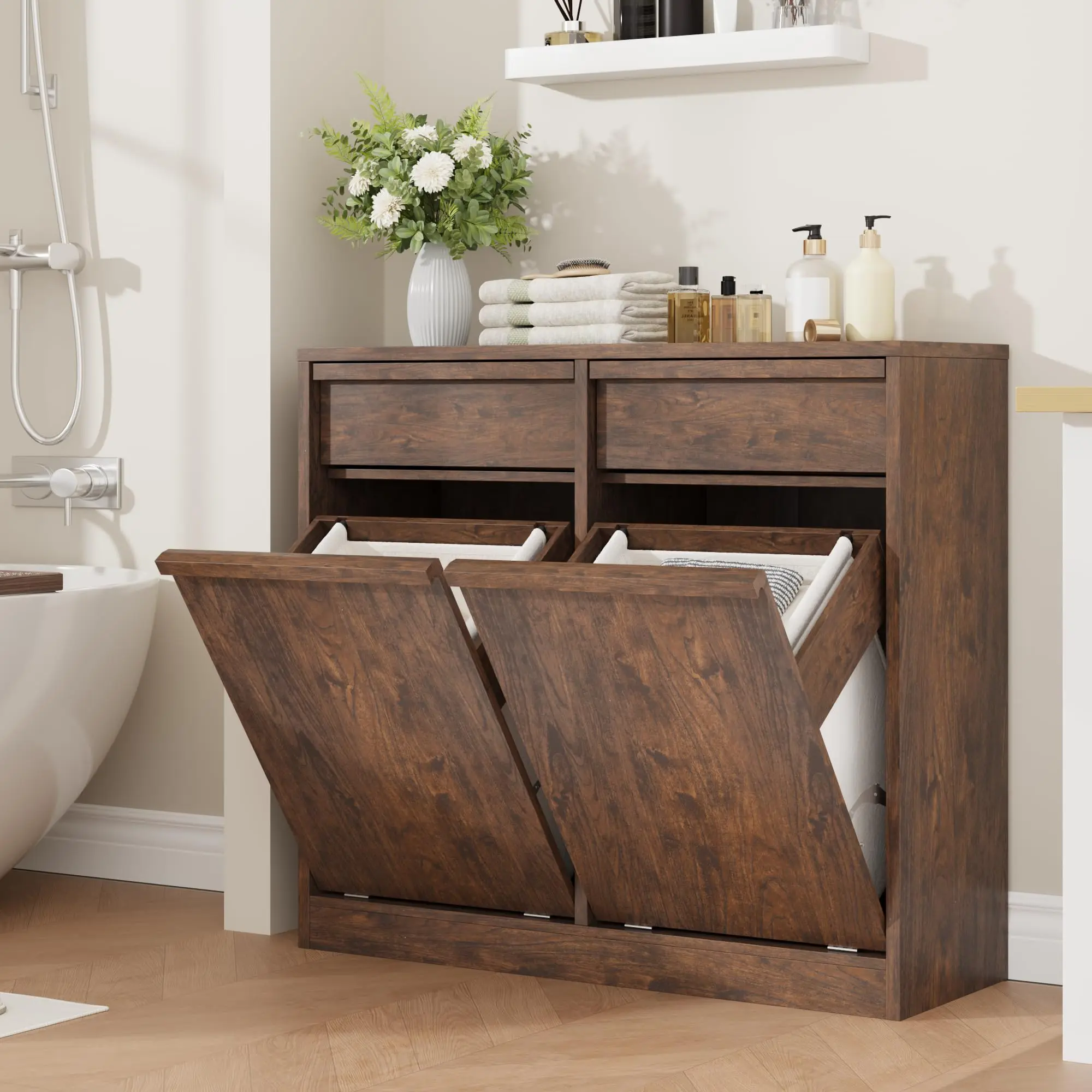 Farmhouse Tilt-Out Laundry Hamper Cabinet with Drawer – Hidden Wooden Storage Basket – Dual or Single 10/20 Gallon Trash Can – Natural Oak/Antique White/Cherry Brown