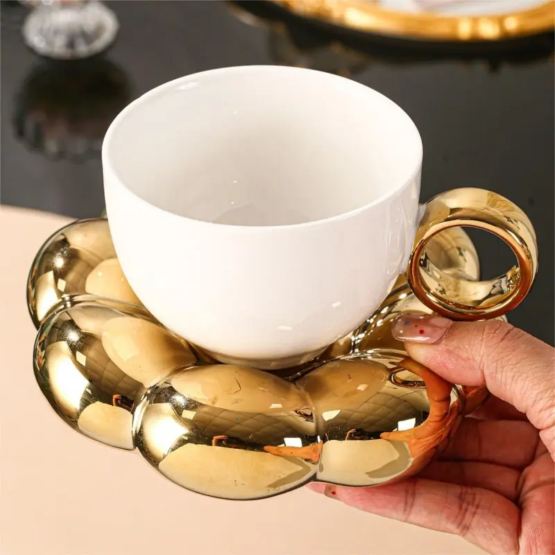 two-piece set, cup + saucer, Nordic Ins mug, Stylish drinkware, coffee mug, high value, sunflower, Floral mug, ceramic mug 6.76oz.