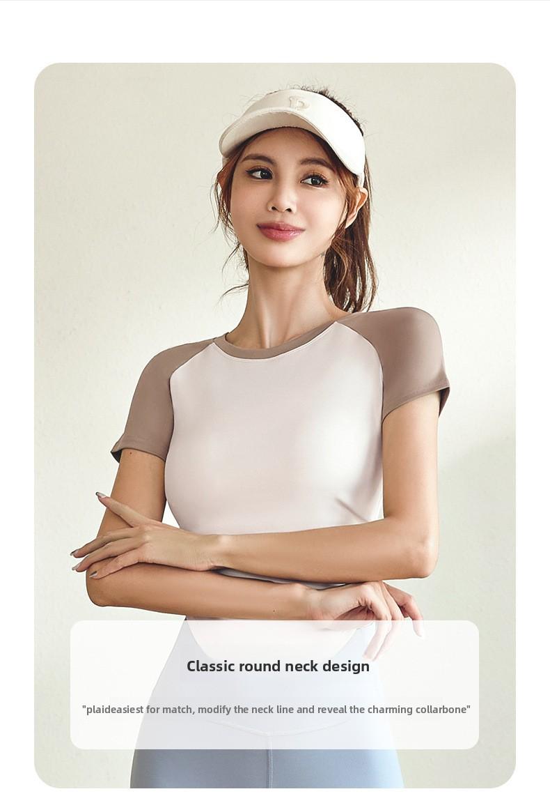 Contrast color pleated yoga top for women, waist-cinching, slimming, with a nude feel, suitable for yoga, sports, and outdoor fitness