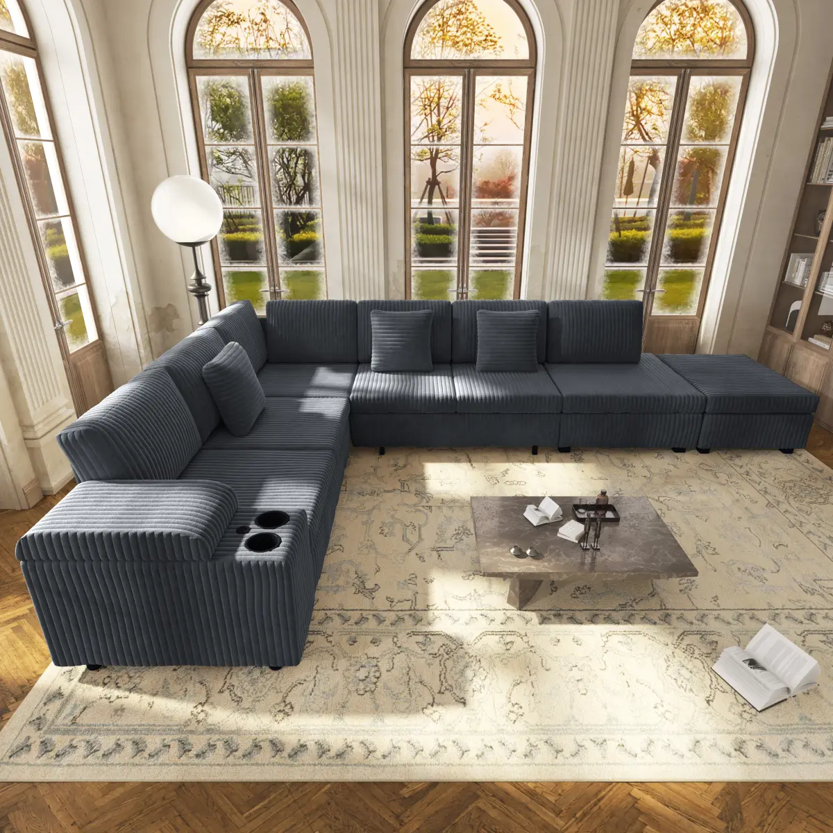 Aobtkel110.2" L-Shaped Sectional Sofa Set w/ Removable Ottoman,Convertible Sleeper Sofa w/ Hidden Armrest Storage,USB Charging Ports and Cup Holders,Plush Corduroy Fabric,for Living Room,Apartment,Dark Grey