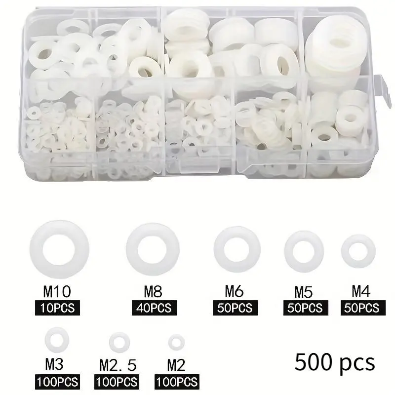 500pcs White Nylon Plastic Washer Assortment Set, Suitable For High Temperature And Dielectric Insulation, M2-M10, Convenient Boxed Packaging