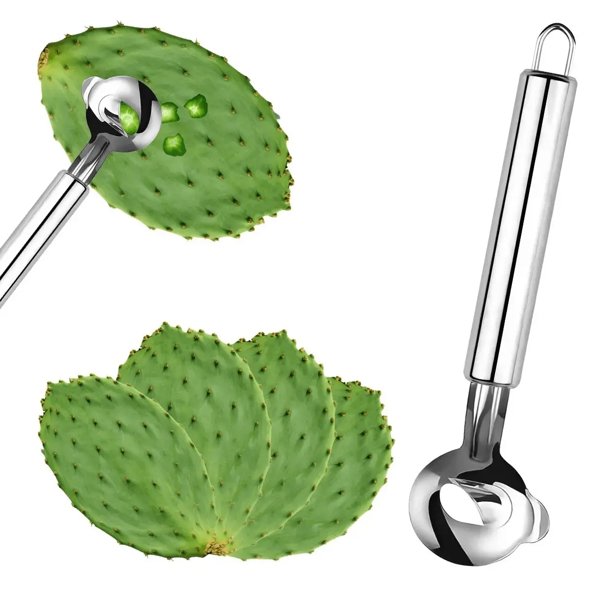 Stainless Steel Cactus Peeler, Long Handle Prickly Pear Nopal Peeling Tool, Multi-Functional Kitchen Skin Remover & Noodle Cutter, Fruit Veggie Peeler