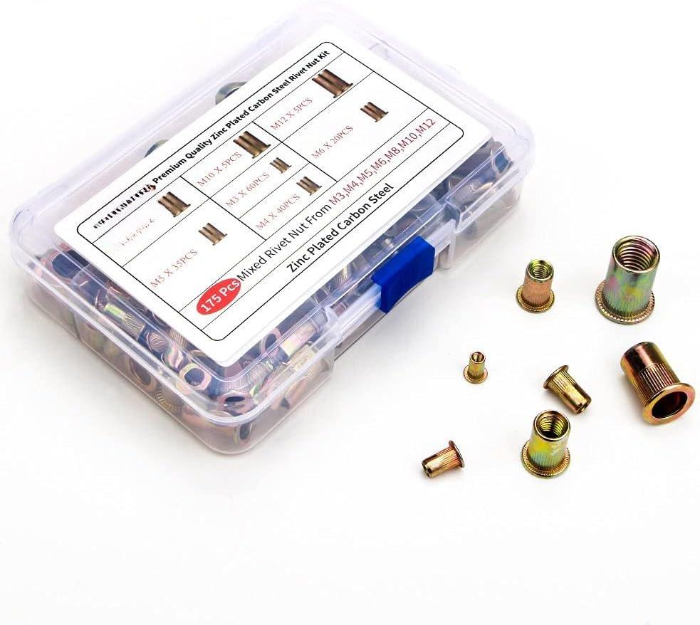 175 count Metric Rivet Nut Kit Carbon Steel Flat  Threaded Insert Nut Assorted in M3 M4 M5 M6 M8 M10 M12, Knurled  (Rivet Nut Kit 1)