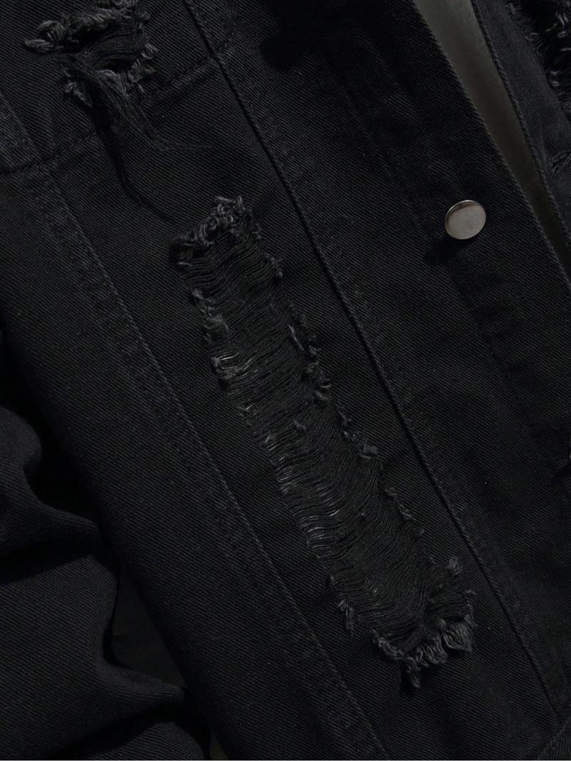 Men's Solid Ripped Design Button Down Denim Jacket, Regular Fit Casual Fashion Comfy Long Sleeve Outerwear Casual Fitted Jackets for Daily Wear, Men's Clothes for All Seasons, Coats