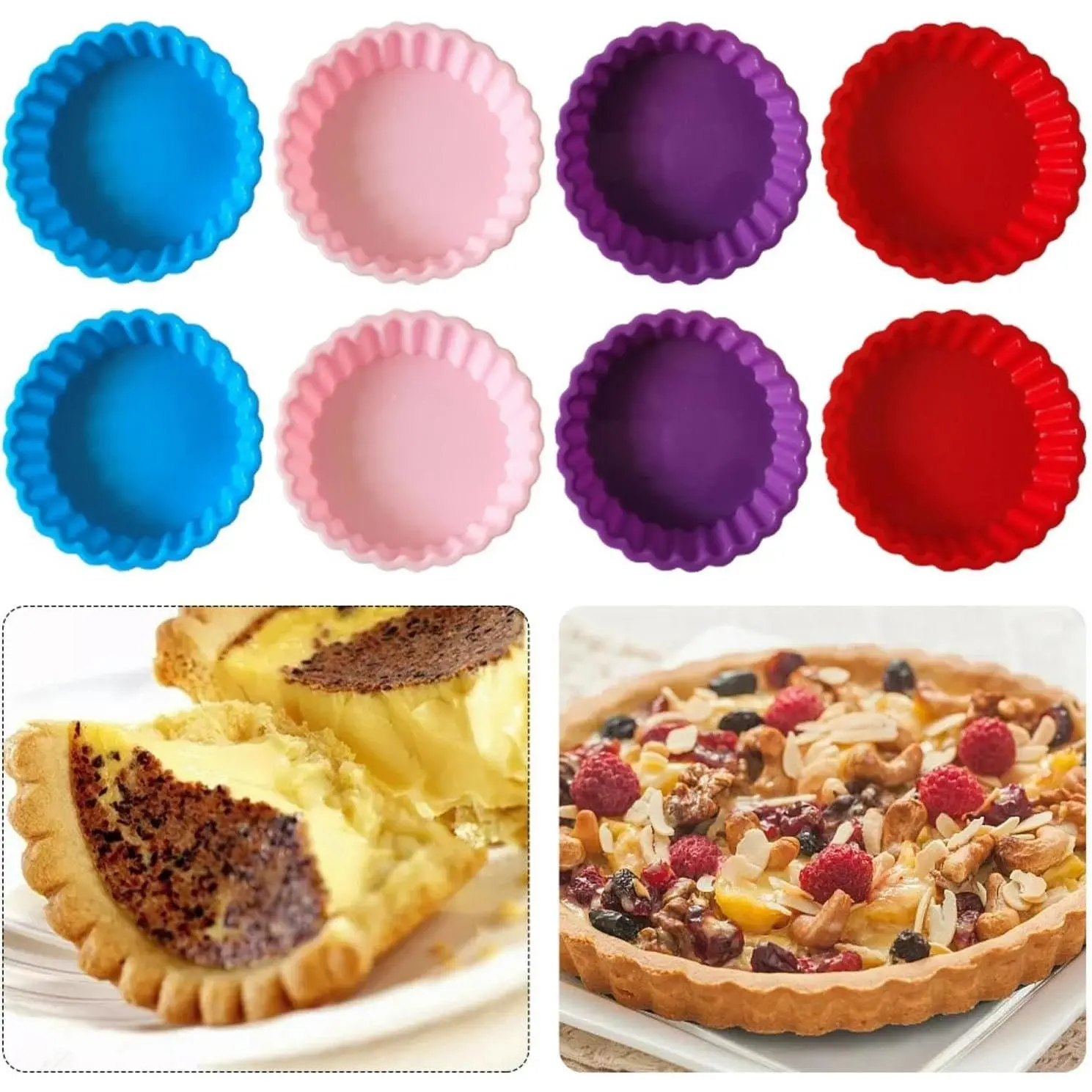 8 pcs Silicone Tart and Pie Molds, 4 Inch Fluted Mini Tart Mould Round Nonstick Quiche Pan Bakeware Mold for DIY Baking Pies/Tarts/Mousse Cakes/Small Dessert(Random Color)