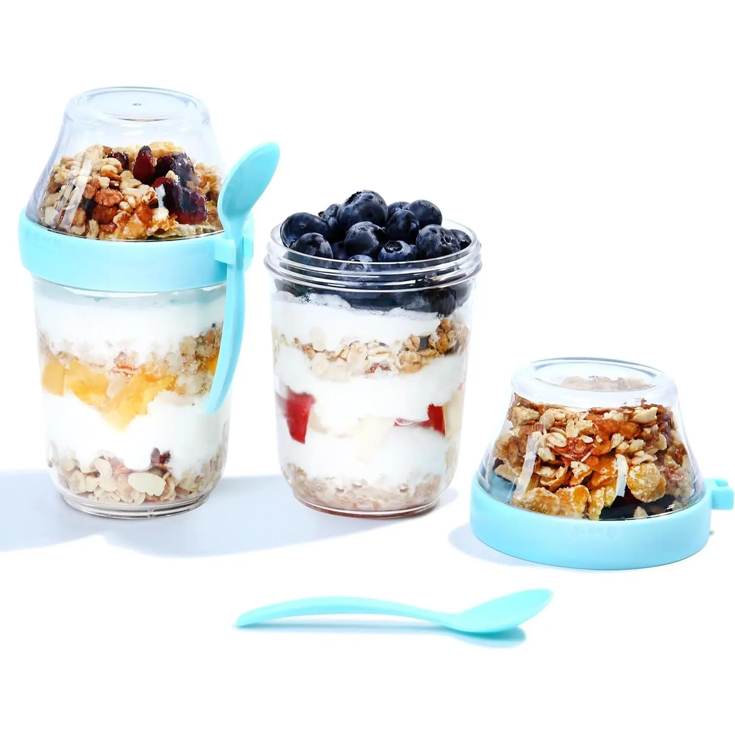 the Go Yogurt Parfait Snack Cup 12 oz  Leak Proof + Travel Spoon, Topping Holder for Fruit Cereal Milk, To Go Lunch  Portion Control Overnight Oats Container Clear (2, Blue)