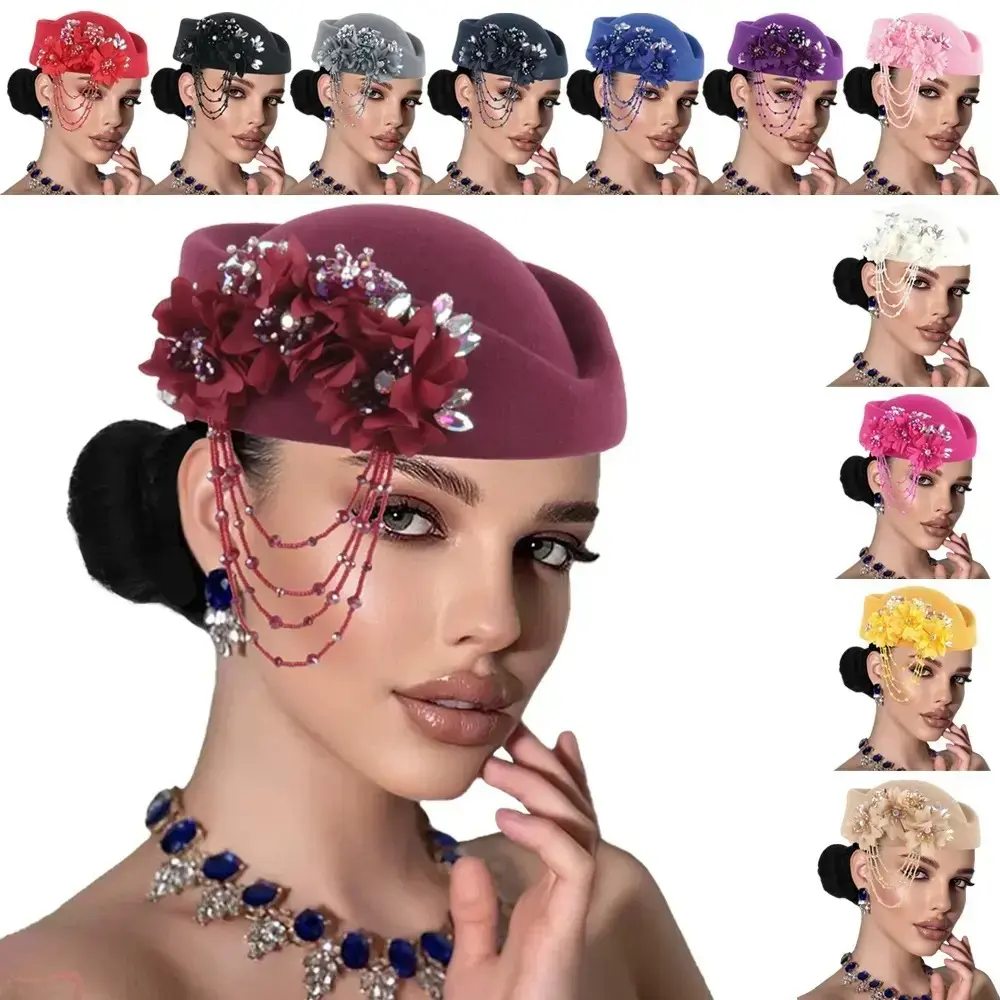 Women's Vintage Fascinator Hat with 3D Flowers & Rhinestone Veil - Elegant British Headwear for Kentucky Derby, Wedding Guest, Tea Party, Wool Felt, Pillbox, Crystal Rhinestones, Female, Pillbox Hat, Ceremony, Rose Red, Light Pink, Hot Pink, Navy Blue, Un