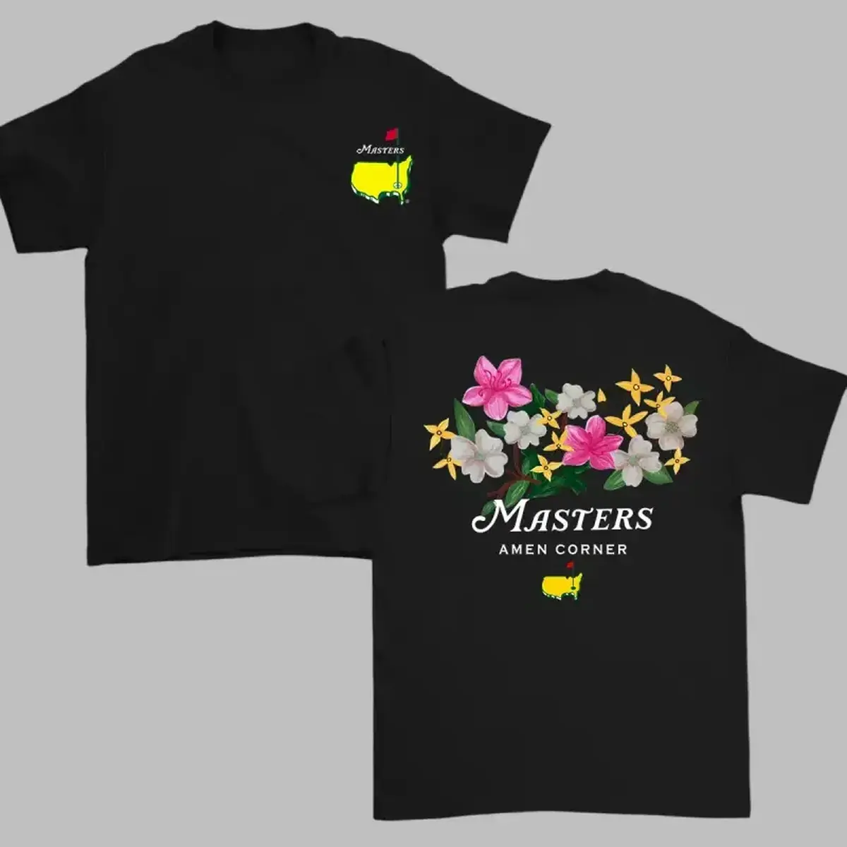 Masters Amen Corner Double‑Sided Golf Graphic T‑Shirt, Floral Golf Fan Short Sleeve Tee, Black & White Available