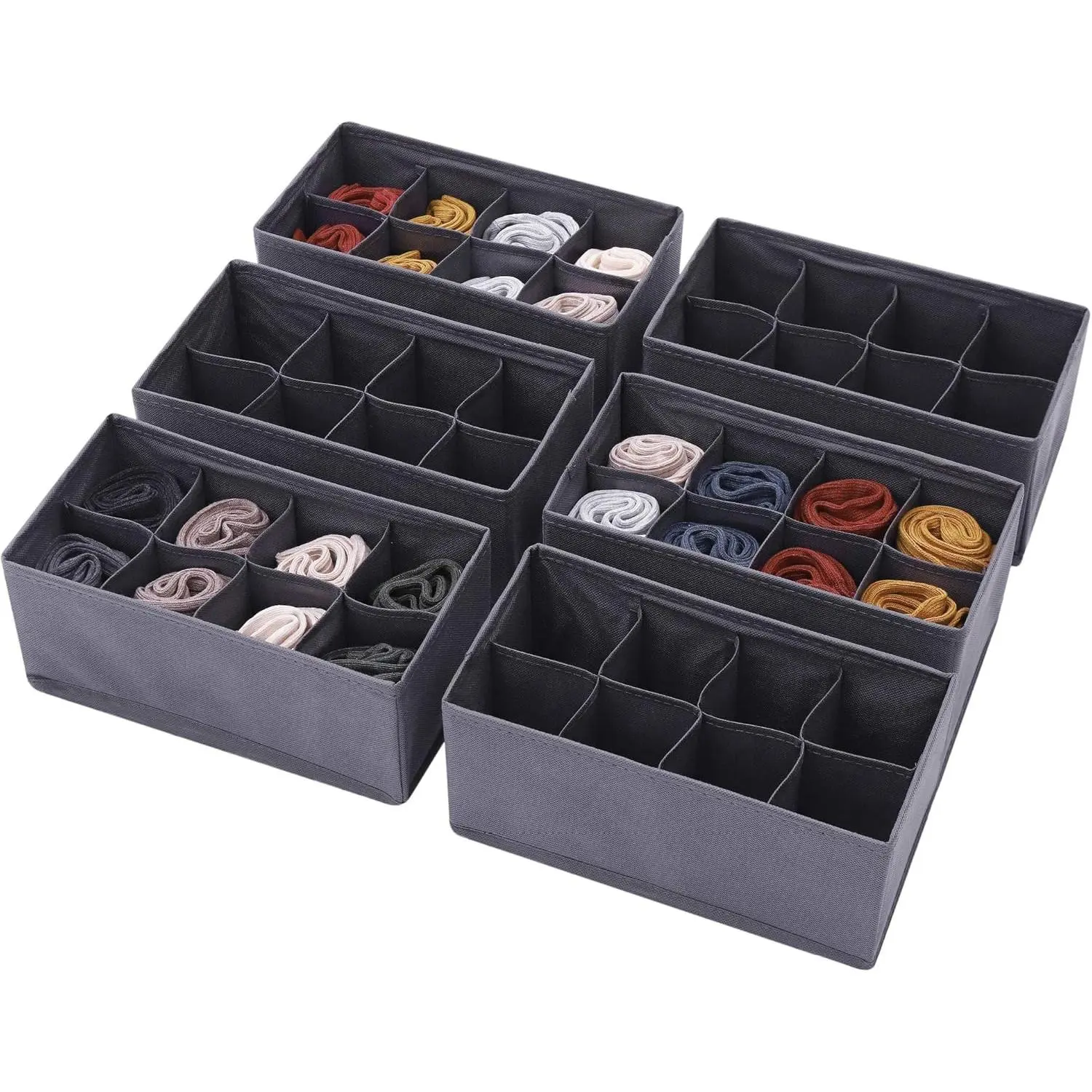 6 Pack Foldable Cloth Box Closet Dresser Drawer Organizer Baskets Bins Containers Divider for Clothes Underwear Socks Lingerie Clothing, Dark Grey 00-0600