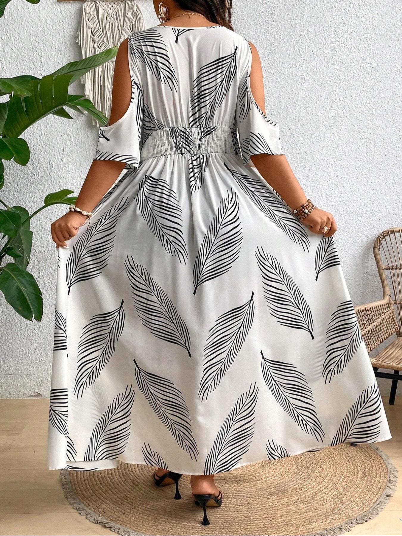 【Plus Size】 All Over Print Split Hem Dress Casual Cold Shoulder Dress for Summer, Women's Clothes for Daily Wear, Boho Bohemian Style