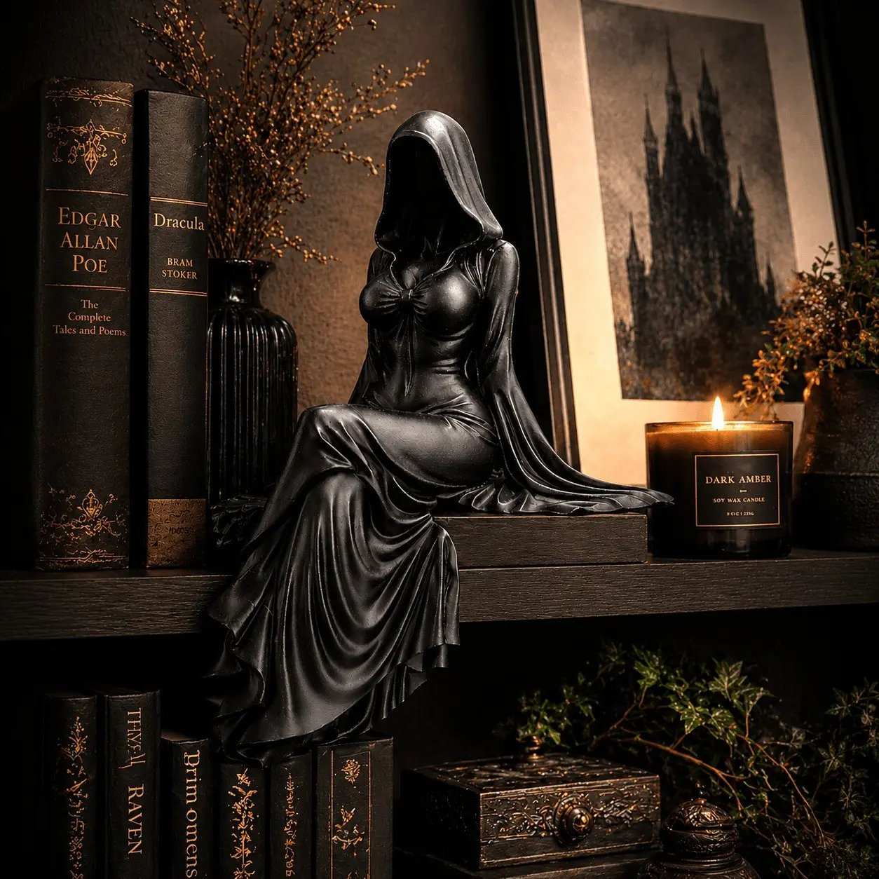 Gothic Lady Reaper Figurine, Decorative Figurine, Dark Academia Bookshelf Decor, Mysterious Accent, Gothic Hooded Woman Statue, Dark Academia Figurine for Home Decor, Witchy Spooky Accent for Alt Aesthetic, Figurines Decor