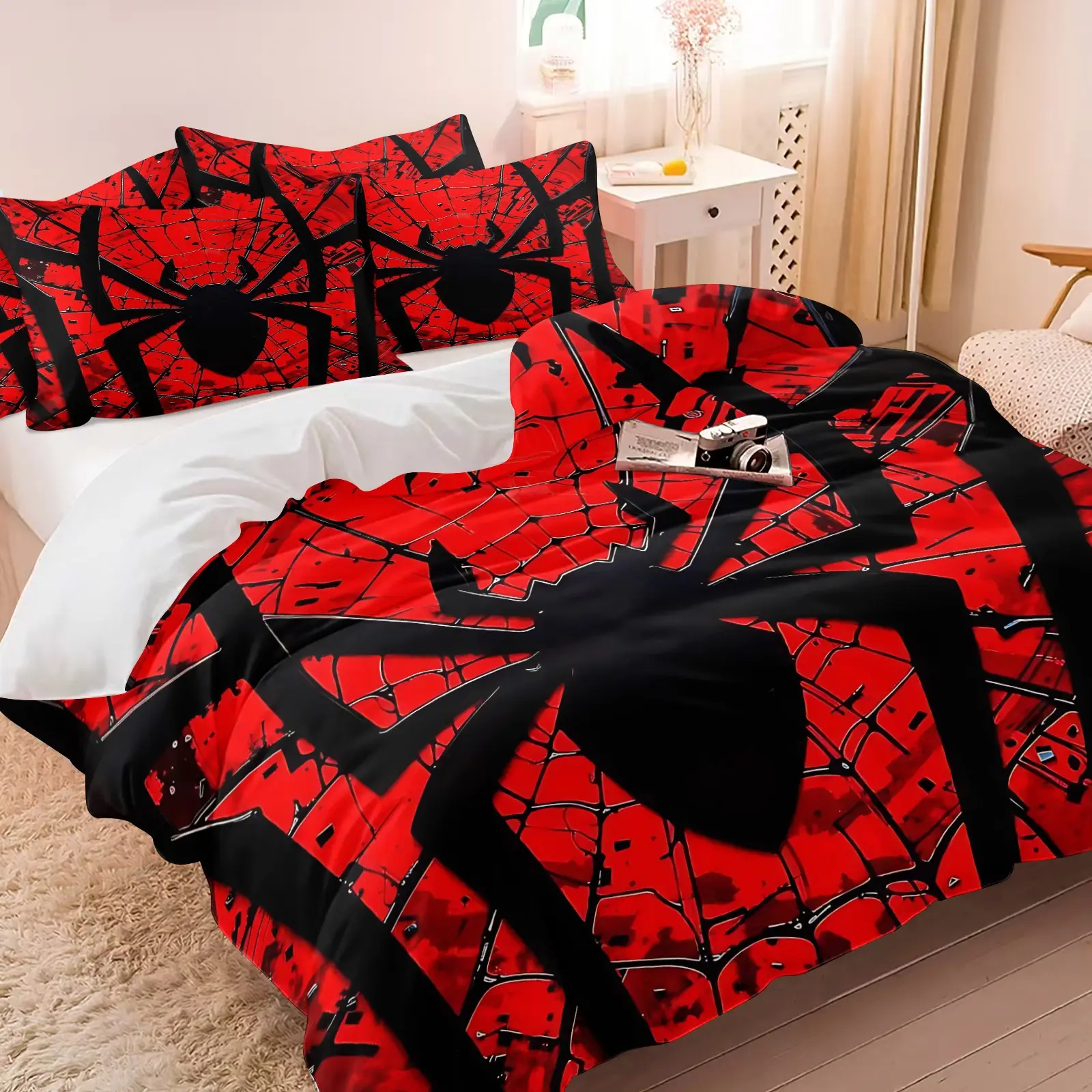 Red Spider Print Duvet Cover Set, 1 Duvet Cover & 1/2 Pillowcase No Filling Bedding Set, Cool Theme Decor Bed Linen for Teen Boys Bedroom, Soft Microfiber Washable Home Bedding Decor