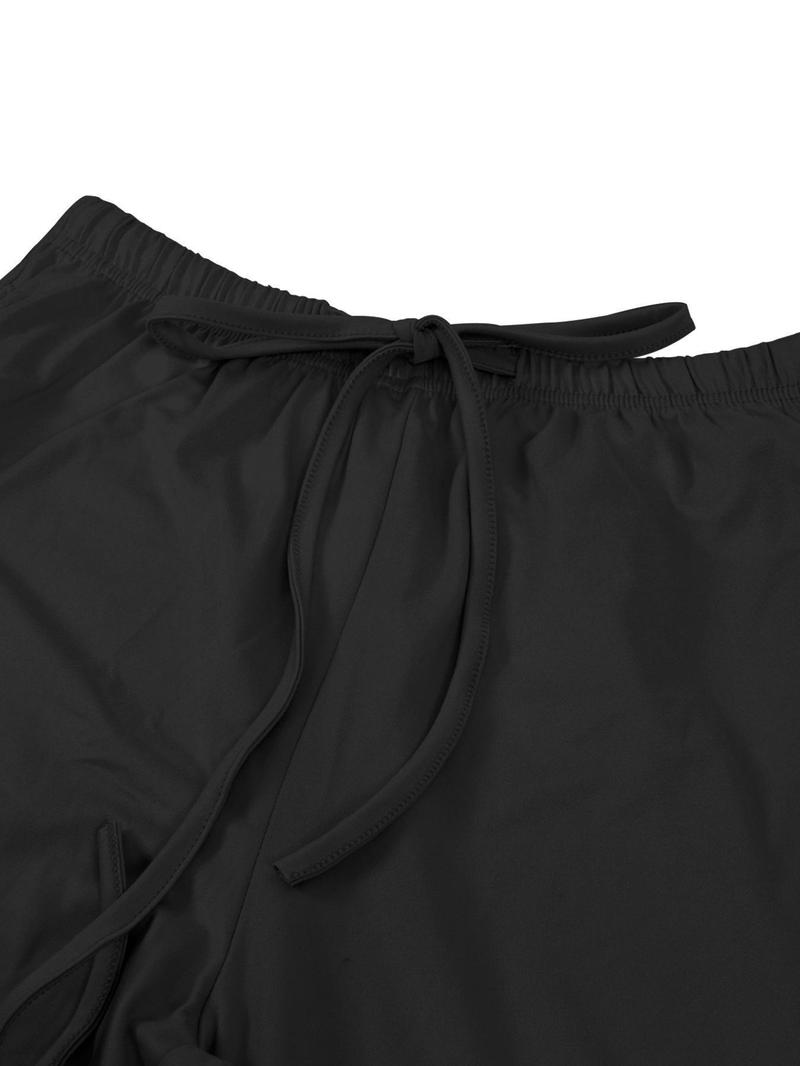 Women's Solid Ruched Drawstring Loungewear Set, Casual Long Sleeve Round Neck Top & Pocket Wide Leg Trousers, Ladies Sleepwear for All Seasons