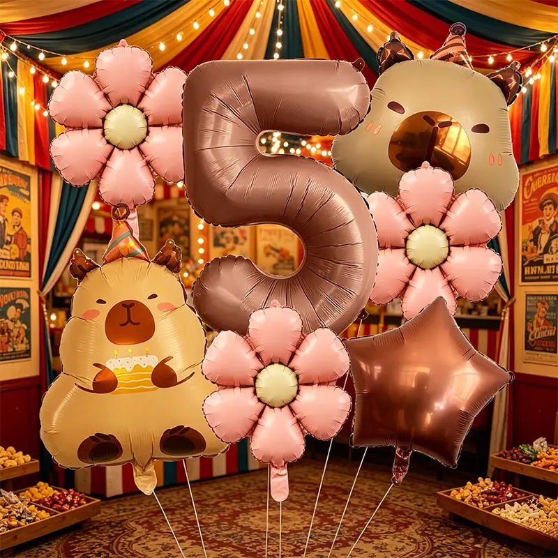 Cute Capybara & Daisy Number Foil Balloon Set, Cartoon Animal Aluminum Balloons for Birthday, Bridal Shower, Wedding, Photo Booth Props, Birthday Decoration