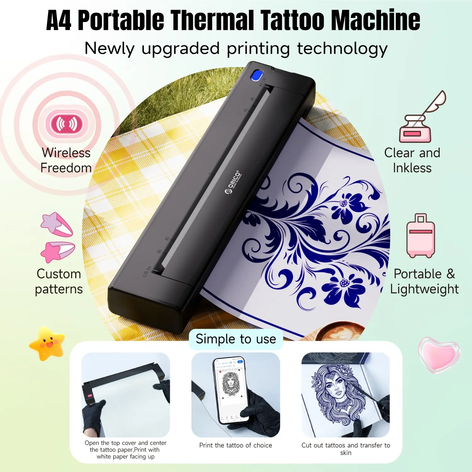 A must-have for tattoo artists! Mini wireless thermal printer, inkless tattoo template printer. Print tattoo templates directly from your phone, say goodbye to hand-drawn templates!