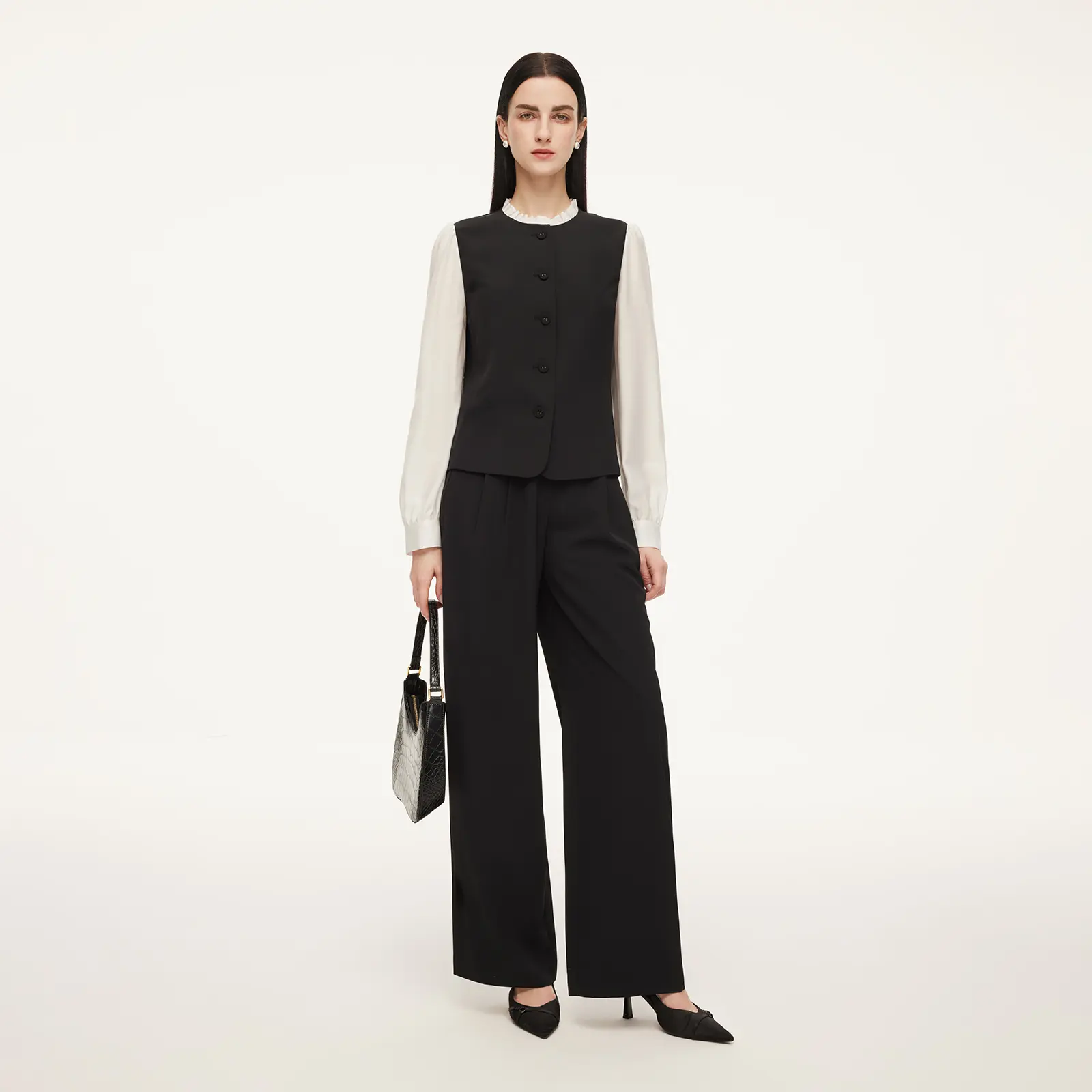 Goelia Four-Way Stretch Mock Layered Shirt and Pants Two-Piece Set with Self-Tie Belt for Ladies