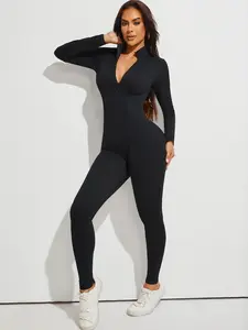 Women's Fashion Lady Sexy Ribbed Jumpsuit, Tight Long Sleeve V-Neck Zipper Full Body Bodysuit, Stylish and Comfortable One-Piece Womenswear