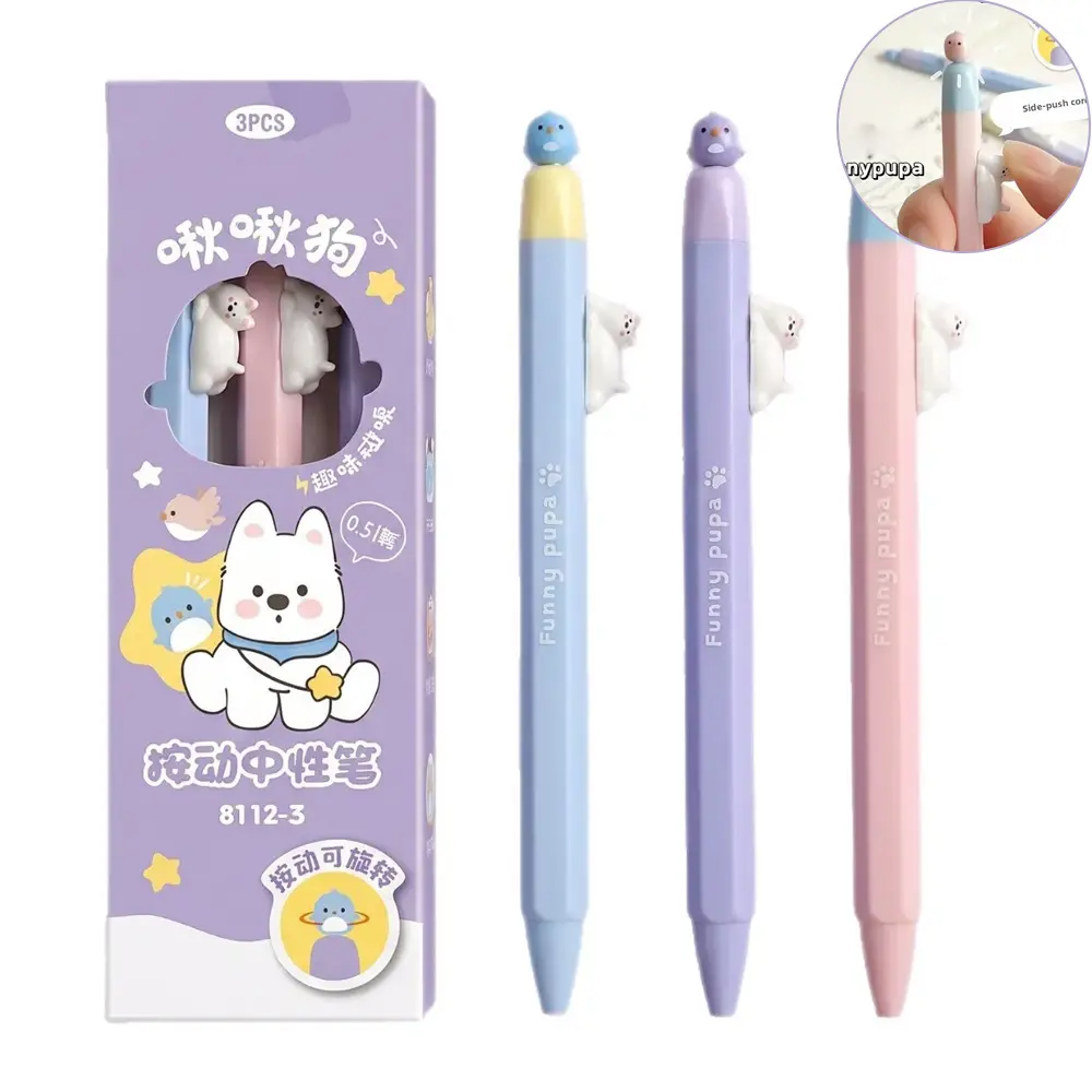 three-pack magnetic cute pet gel pen, cute puppy rotating bird decompression pen, quick-drying CS nib black ink pen, suitable for adult school office, Halloween Christmas gift