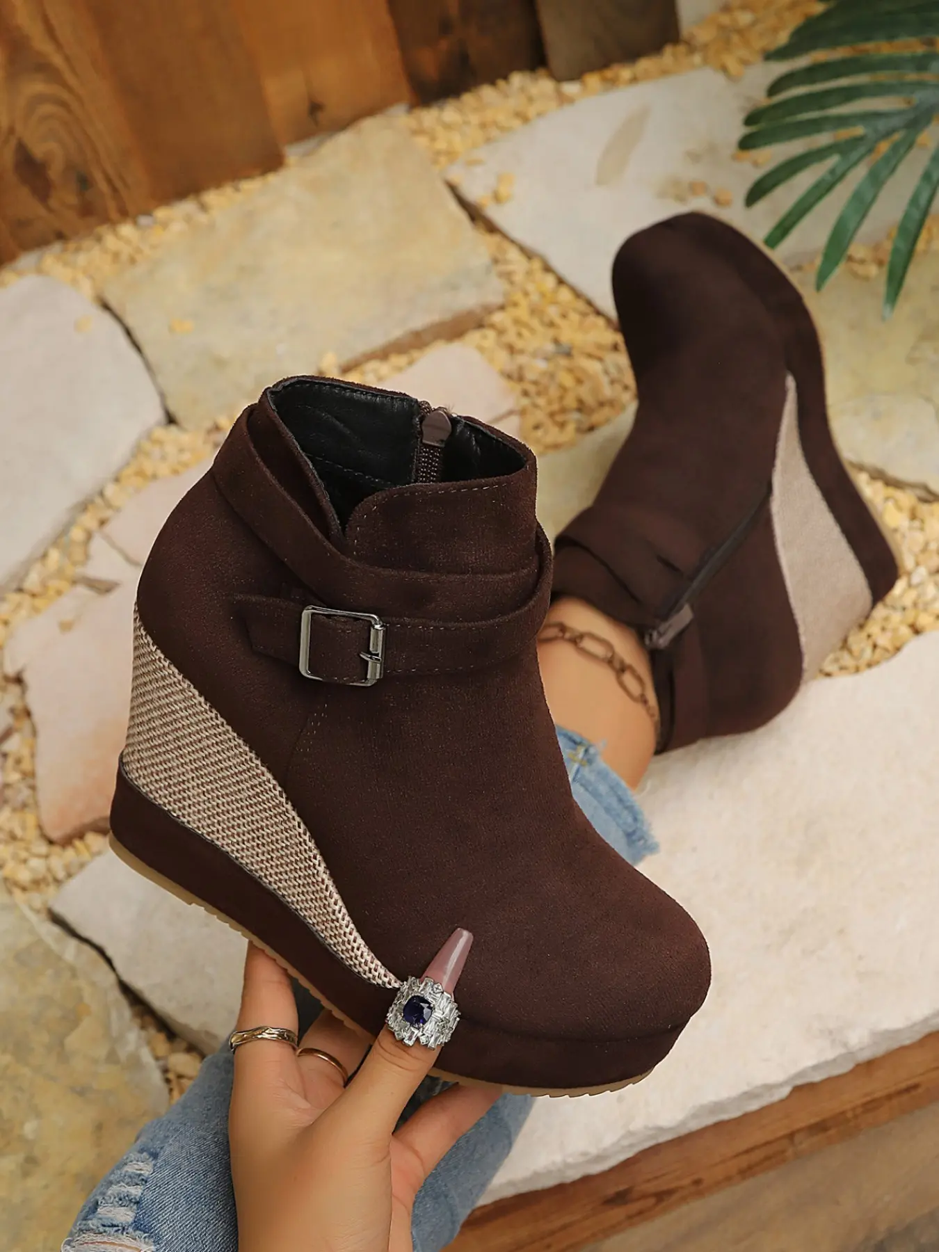 Women's Fashion Boots, European Style Autumn Winter Deep Faux Fur Wedge Short Boots, Side Zipper Belt Buckle Thick Sole Large Size