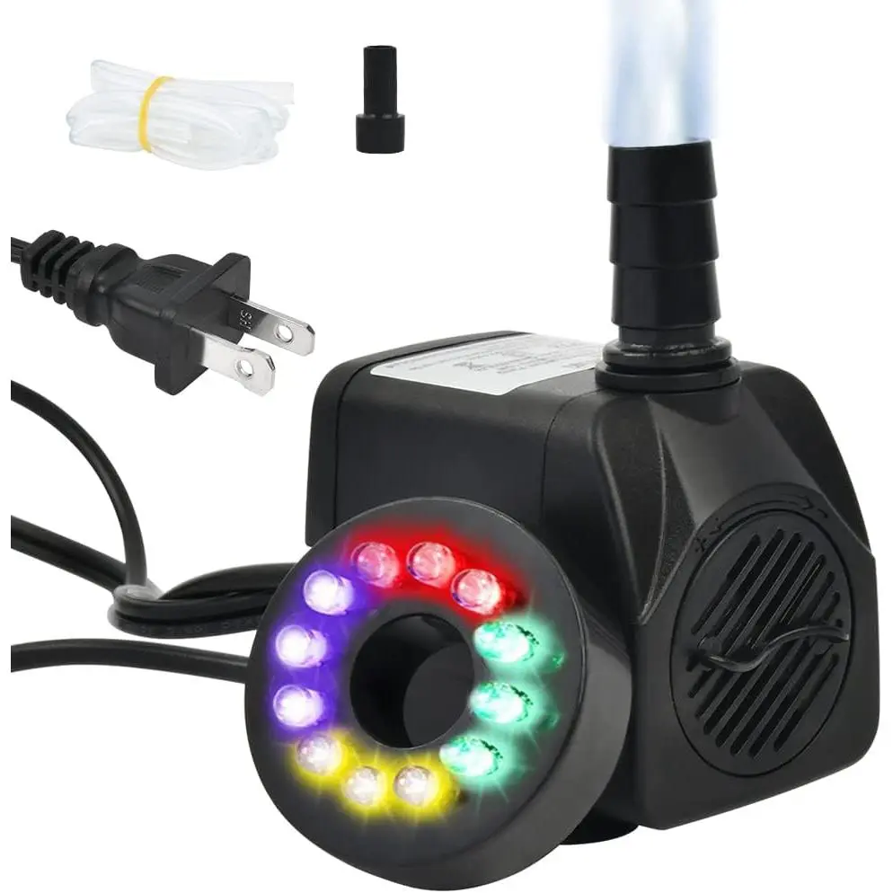 10Watt 160 GPH Submersible Fountain Pump wiht LED Light Ultra Quiet Small Fountain Water Pump Outdoor for Water Feature, Outdoor Pond, Aquarium fish tanks,  Décor Fountain