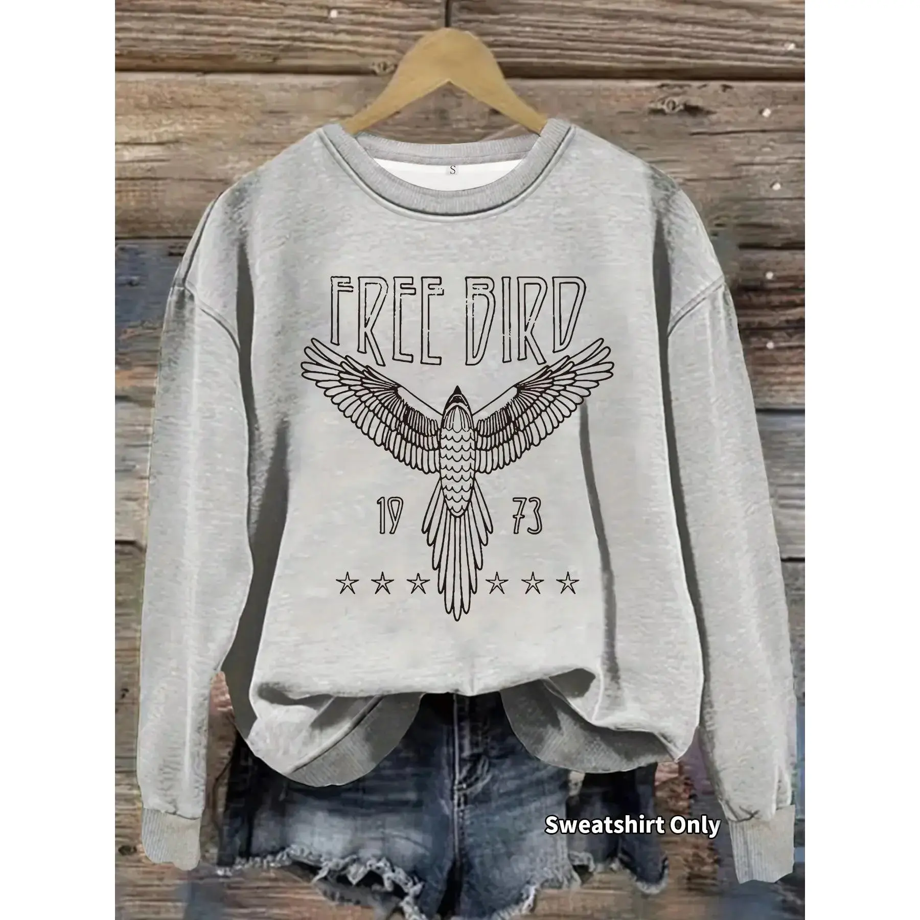 Women's Fall Winter Casual Long Sleeve Round Neck Eagle Print Pullover Fleece Sports Shirt, Graphic Pattern, Plain Surface, Raised-Fiber Surface, Sweatshirts