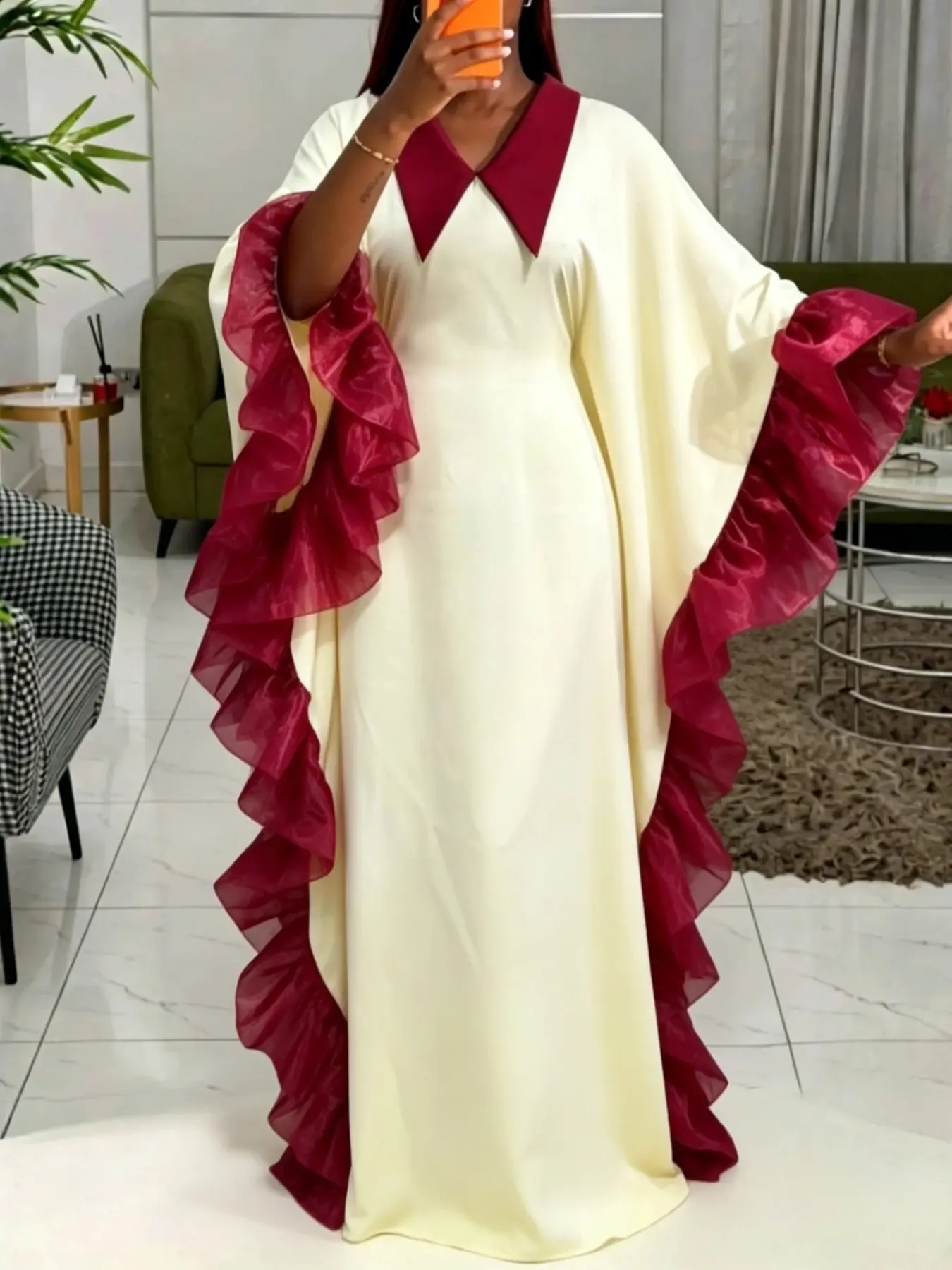 AOMEI Plus Size African Style Loose Bubu Dress, Turn Down Collar Ruffles Contrast Color Half Sleeve Long Dresses, Evening Party Dresses, Perfect for Parties and Formal Events