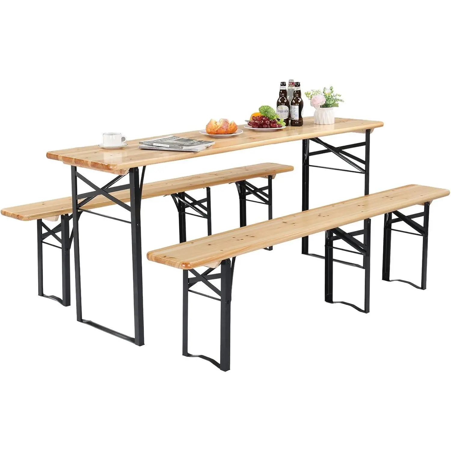 Outvita 3pcs 4/6FT Folding Picnic Tables with Benches Set, Weather-Resistant Wooden Beer Garden Table Bench, 3-Piece Portable Fold Up Camping BBQ Table w/Carrying Handles,Natural Wood Color Summervibes