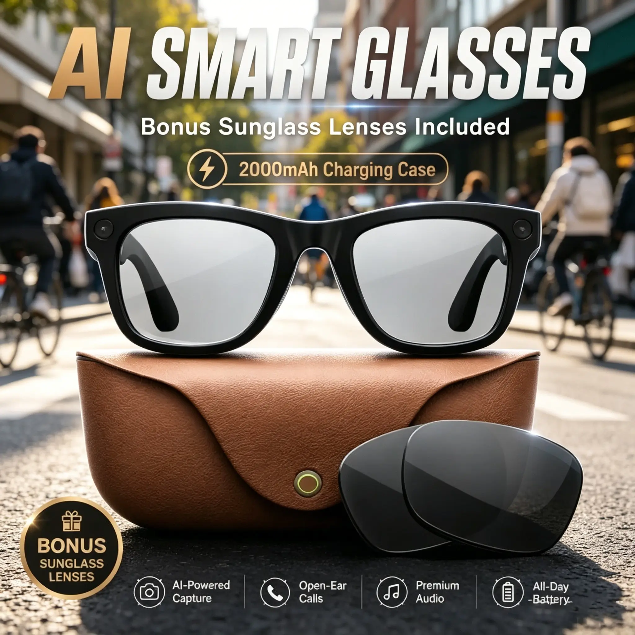 Smart Audio Wearable Glasses with 8mp HD Camera, 2000mah Charging Case, Color-Changing Lenses, Dual Microphones, Bluetooth-compatible Sunglasses for Outdoor Use