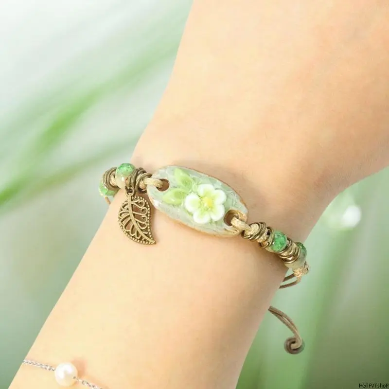 Women's Handmade Braided Nylon Fiber Lightweight Wrist Bracelet - Adjustable Size, Vintage Leaf Pendant Charm, Bag Accessory Jewelry for Birthday, Anniversary, Holiday Gifts (All Seasons)