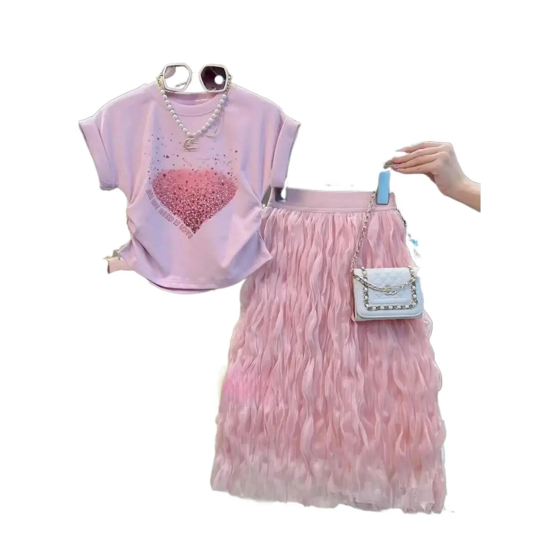Girls' New Summer 2-Piece Casual Outfit, Heart Sequin Short-Sleeve T-Shirt & Pink Pleated Midi Skirt, All Over Print, Sizes 5-6y,7-8y,9-10y