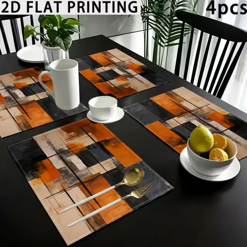 2/4/6pcs, 2D Flat, Abstract Watercolor Table Placemats, Rectangle Placemats Suitable for Home Kitchen Dining, Modern Orange & Black, Hand Washable Rectangular Table Decor for Farmhouse Parties, Indoor/Outdoor Use with Orange Design