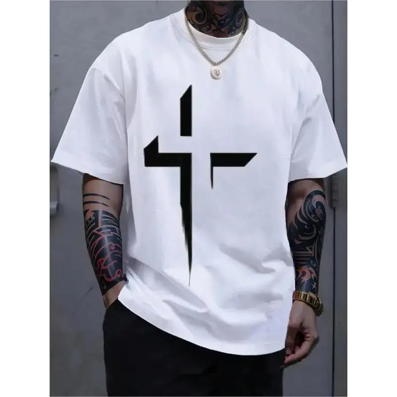 Men's All-Season Pure Cotton Crew Neck T-Shirt, with Patterned Cross Print - Casual Style, Short Sleeve, Regular Fit, Lightweight Stretch Fabric, Suitable for Daily and Weekend Wear, Four Seasons Clothing | Modern appearance