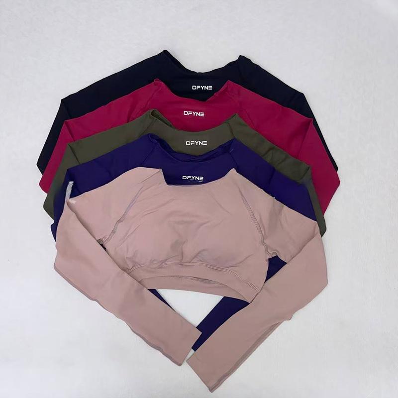 Women's DFYNE Impact Long Sleeve Crop Top, Seamless Open Back Yoga Tops, High Waist Workout Shirts for Gym