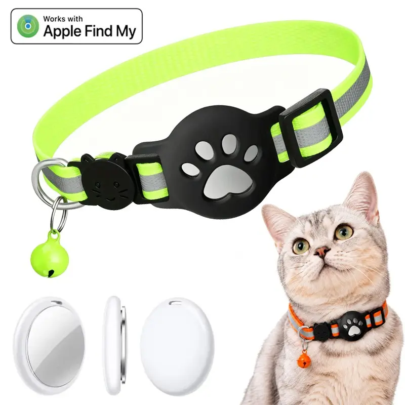 Cat Collar with Smart Tracker for iOS, Find My with Bell, Adjustable Safety Buckle, Reflective GPS Collar for Kittens and Puppies
