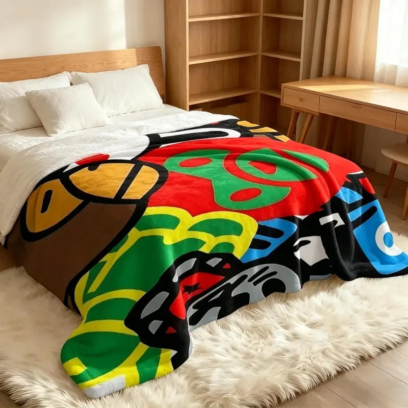 Colorful Patchwork Flannel Throw Blanket - Cartoon Character-Inspired Streetwear Design, Soft Cozy Lightweight AC Blanket for Teens & Adults, Home Room Accessories, Bedroom Cool Room Decor, Apartment Stuff Gift