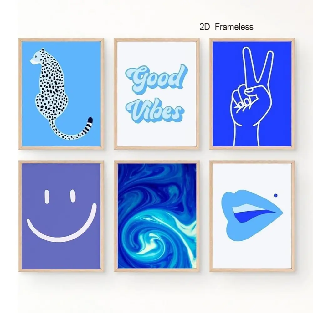 Set of 6, Blue Preppy-Style Room Wall Art Posters: Light Blue Preppy-Style Inspirational Quotes, Lips, Leopard, and Smiley Face Canvas Prints; Blue Wall Decor; Perfect for a Teen Girl’s Dorm Room; Frameless 2D Canvas Prints