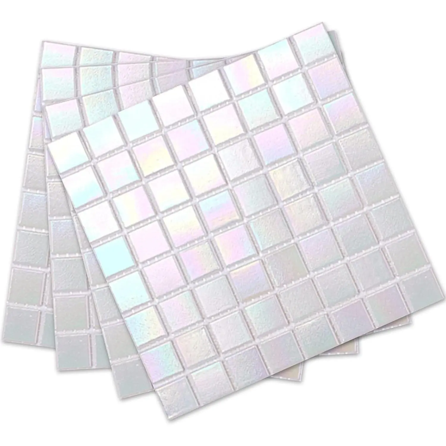 2 White Rainbow Peel and Stick Backsplash, 6.6" x 6.6" Glass Mosaic Tile for Kitchen and Bathroom