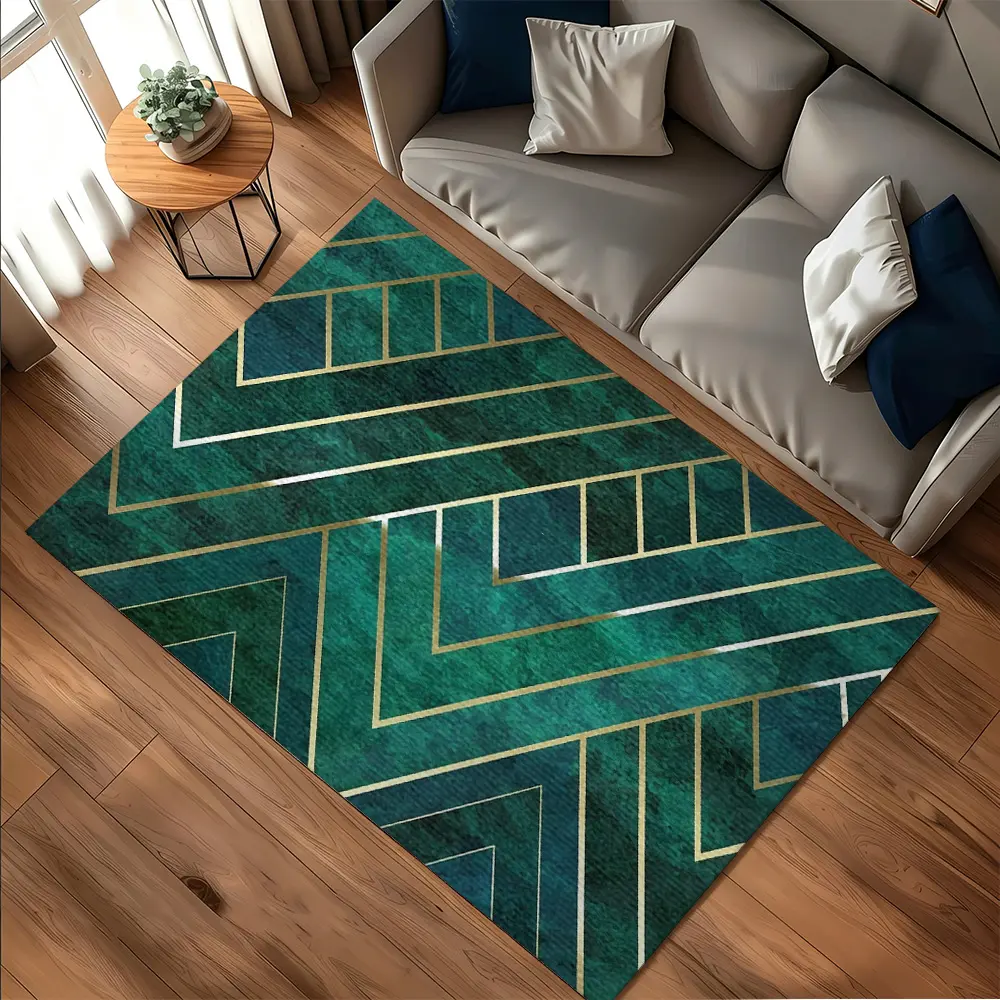 Emerald Green Marble Gold Geometric Square Line Crystal Velvet Modern Luxury Anti Slip Living Room Decorative Area Rug #EmeraldMarbleGoldRug #GeometricSquareFloorMat #CrystalVelvetLuxuryCarpet #ArtDecoHomeDecorMat