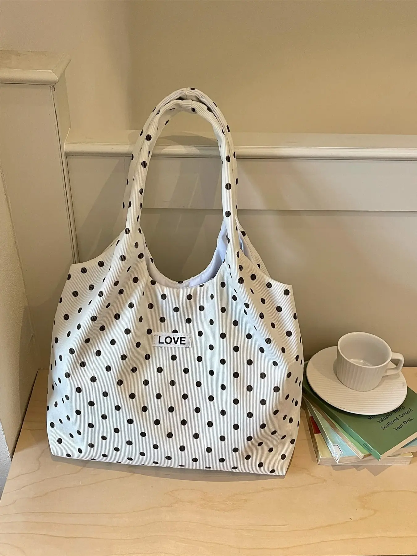 polka dot corduroy tote bag, vintage dot large shopping purse, letter patch lazy shoulder bag, soft flannel commute hobo bag, multi color minimalist student handbag, retro aesthetic everyday bag