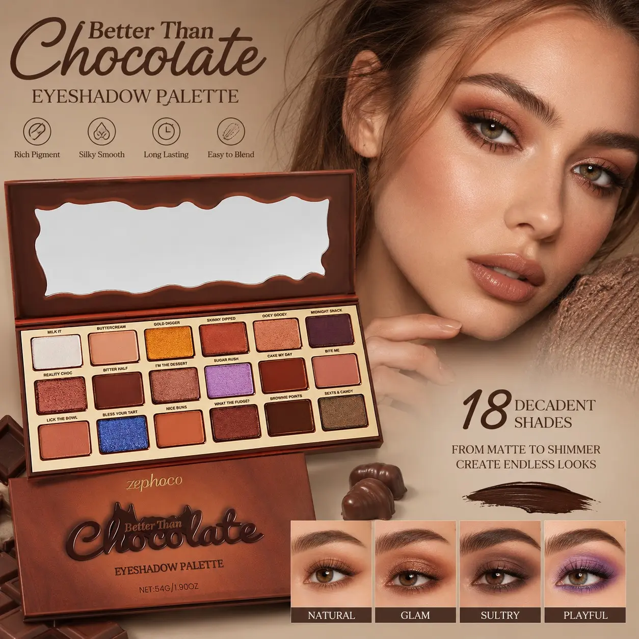 Zephoco 18 Color Chocolate Eyeshadow Palette, Neutral Matte Eye Shadow, Shimmer, Blush Highlighter Multi-Use, Perfect for Parties and Stage Makeup